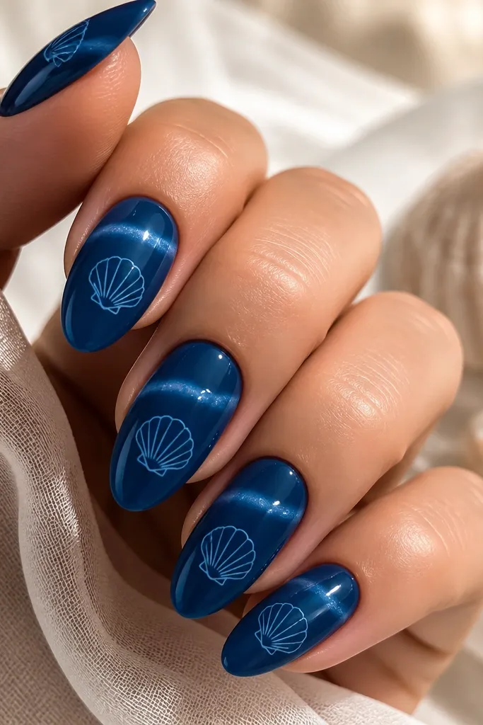 Medium almond nails in deep ocean blue. Each nail has a small pearl-like sheen band across the upper third and a light blue shell outline in the middle with a glossy finish.