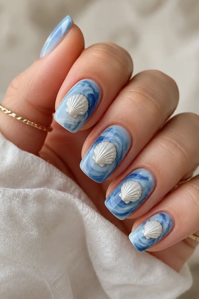 Medium squoval nails with blue marble swirls in light and dark tones. In the center of each nail sits a small white shell panel with thin ridges and a glossy finish.