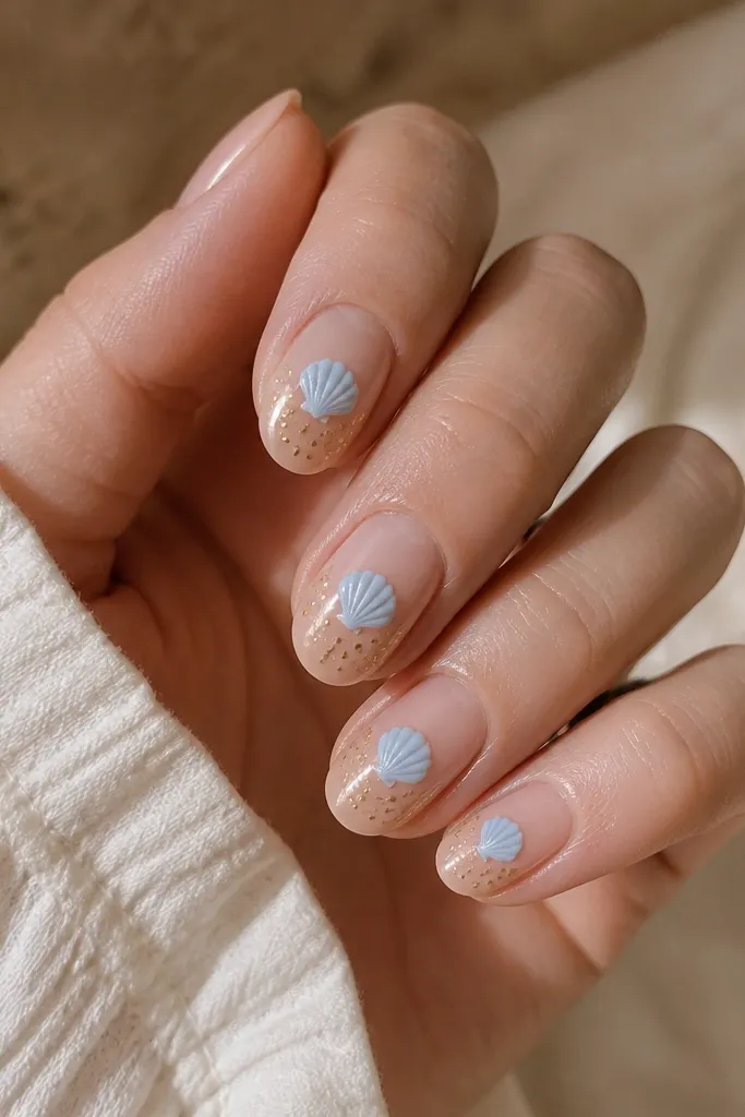 Short almond nails on a nude pink base. Each nail has a baby blue shell near the center and tiny gold dot clusters at the lower third, like sand grains.