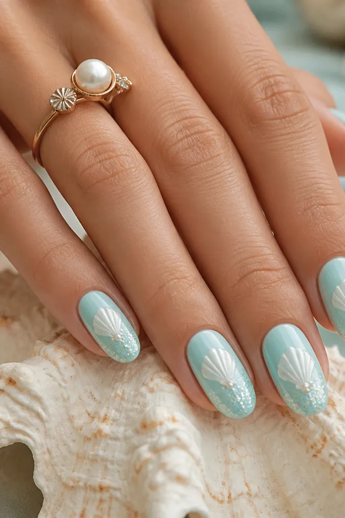 Medium almond nails in soft aqua. Near the free edge there is a glittery sea foam gradient, and the shell motif sits centered in pale white and light aqua.