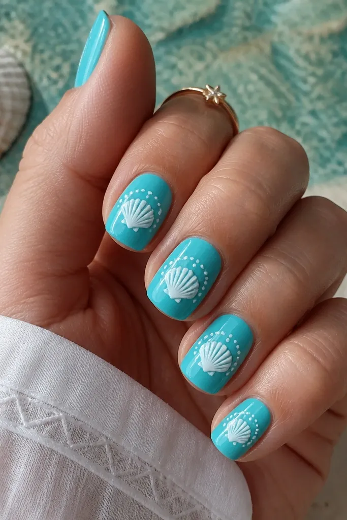 Short squoval nails in turquoise. Each nail has a white shell in the center and a ring of tiny white dots around parts of the shell like ripples.