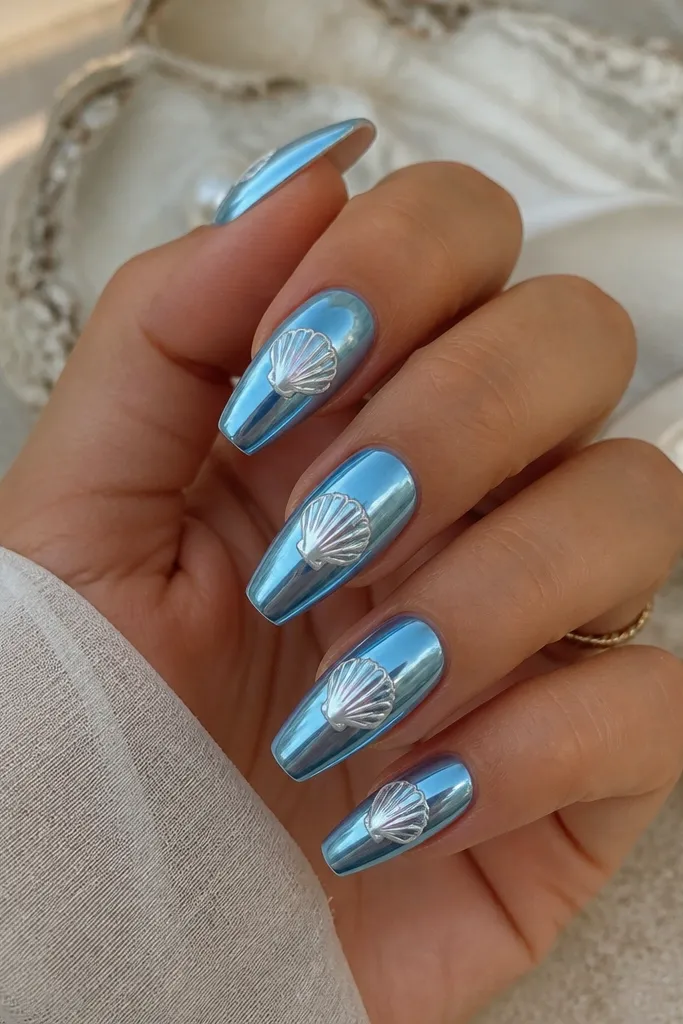 Medium coffin nails coated in blue chrome. A white shell is drawn in the center, and inside the shell ridges there's a pearl glow effect with glossy finish.