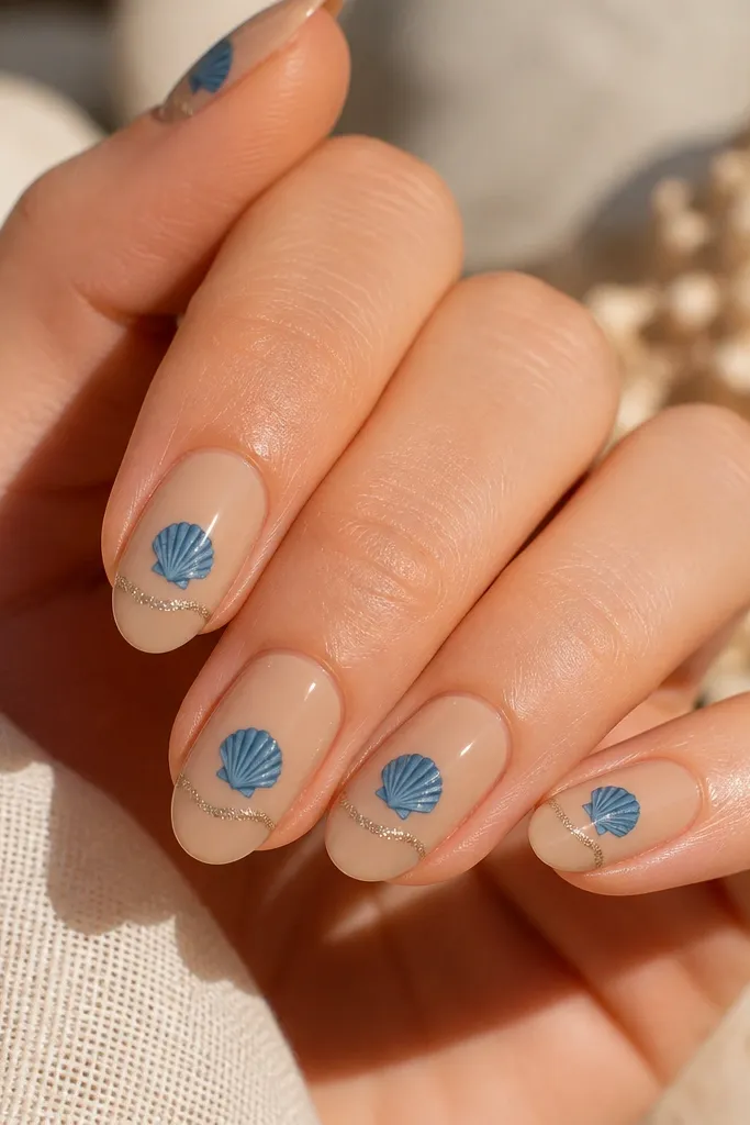 Short almond nails in warm sand beige. Each nail has a blue shell centered, and a thin micro-glitter line runs along the lower third like a coast.