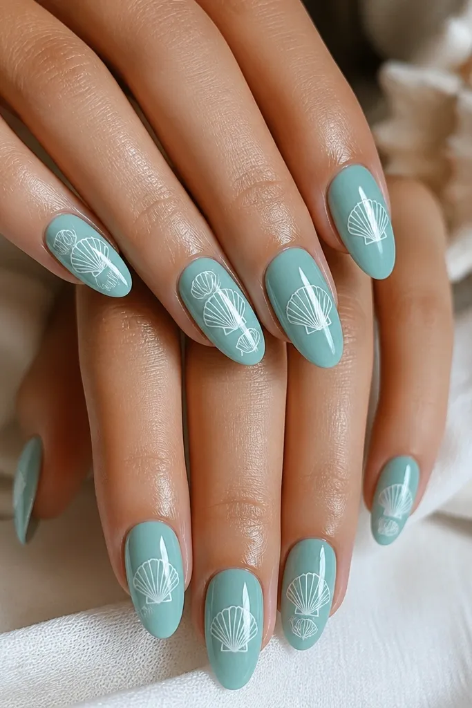 Almond nails in seafoam green-blue. Each has a white shell in the center plus a tiny secondary shell outline near the sidewall, all glossy.