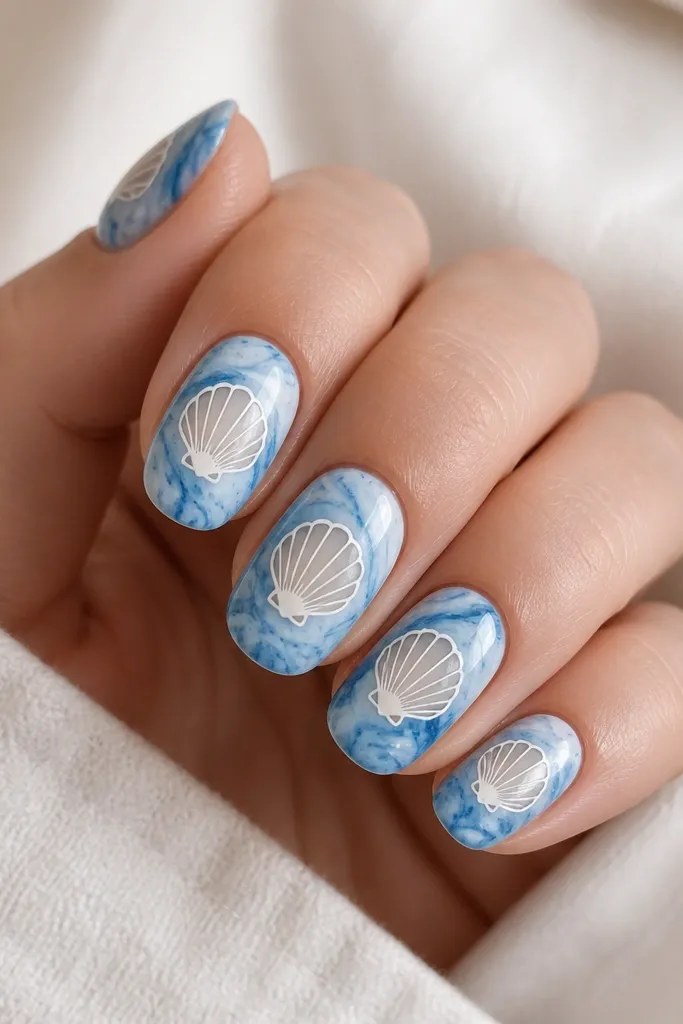 Nails are blue marble with light and dark swirls. A shell outline is drawn in a negative-space way, leaving the center unpainted in white space, with glossy finish.