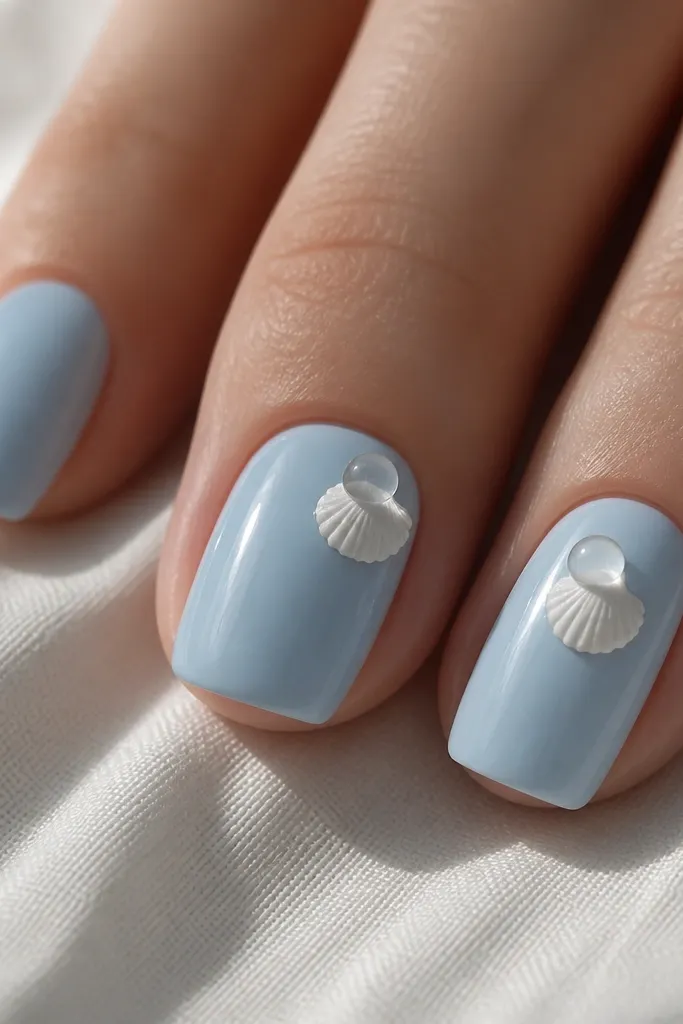 Powder blue nails with a small white shell centered. A glossy clear gel water drop sits above the shell ridges like a droplet, with glossy shine.