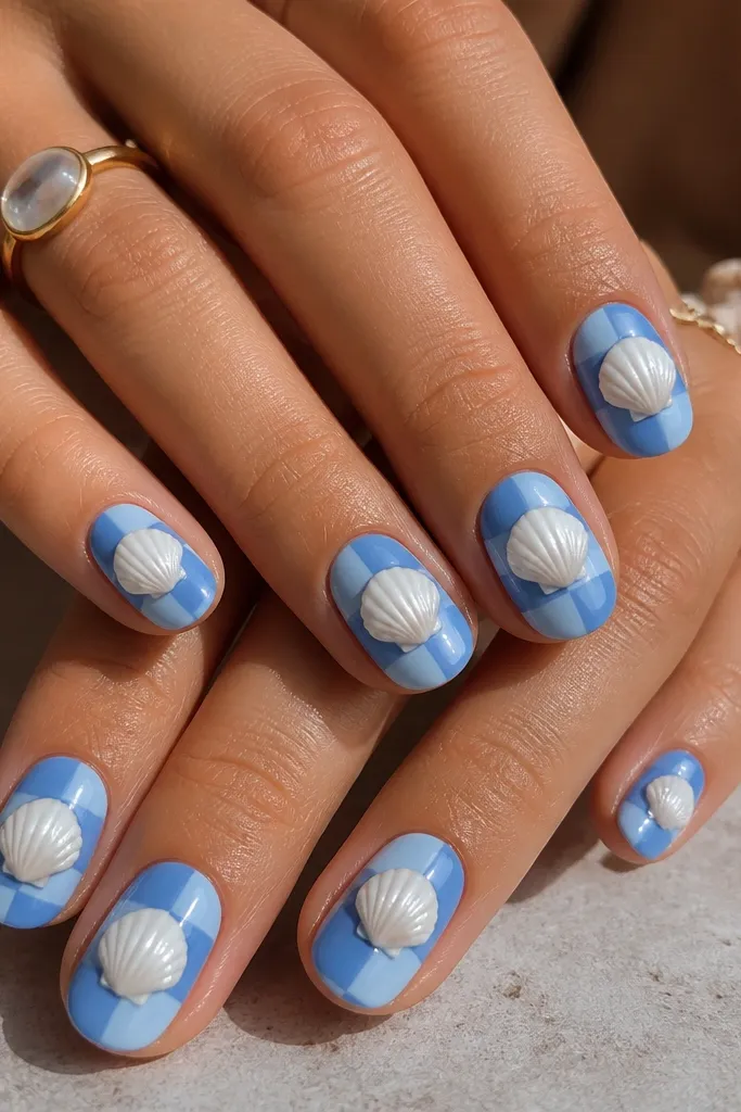 Nails have a checker-like mix of light and medium blue panels. Over each nail sits a small white shell with wave-line ridges, glossy finish.