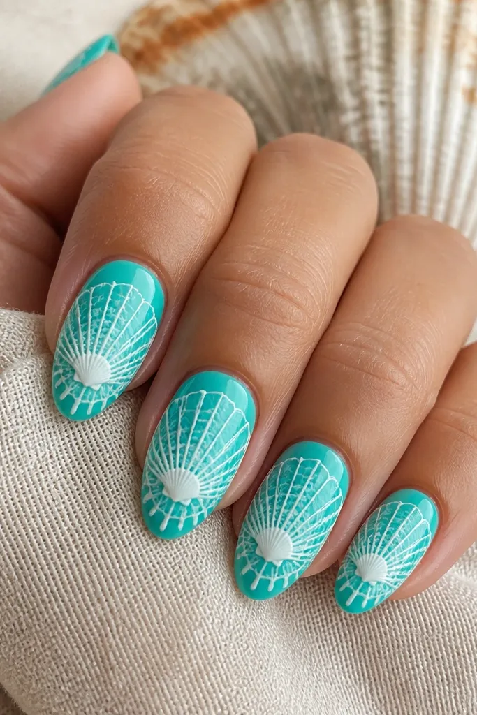 Medium almond nails painted turquoise. Each nail has a white shell with delicate lace-like vein lines radiating outward, plus a tiny drip effect near the free edge.