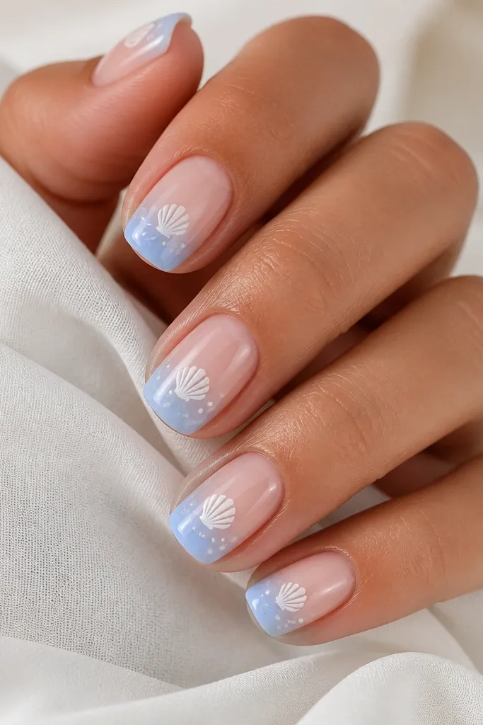 Short squoval nails with a fade from nude to light blue at the tips. There's a small white shell centered and scattered pearl confetti dots near the tip, glossy finish.