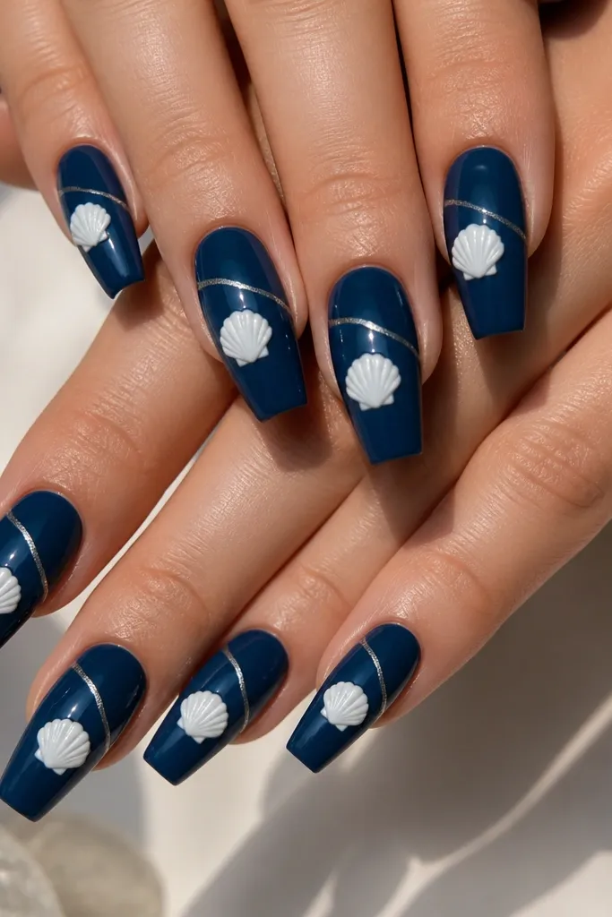 Coffin nails in deep blue. Each nail has a white shell centered and a thin silver wave line crossing the nail diagonally above the shell, glossy finish.