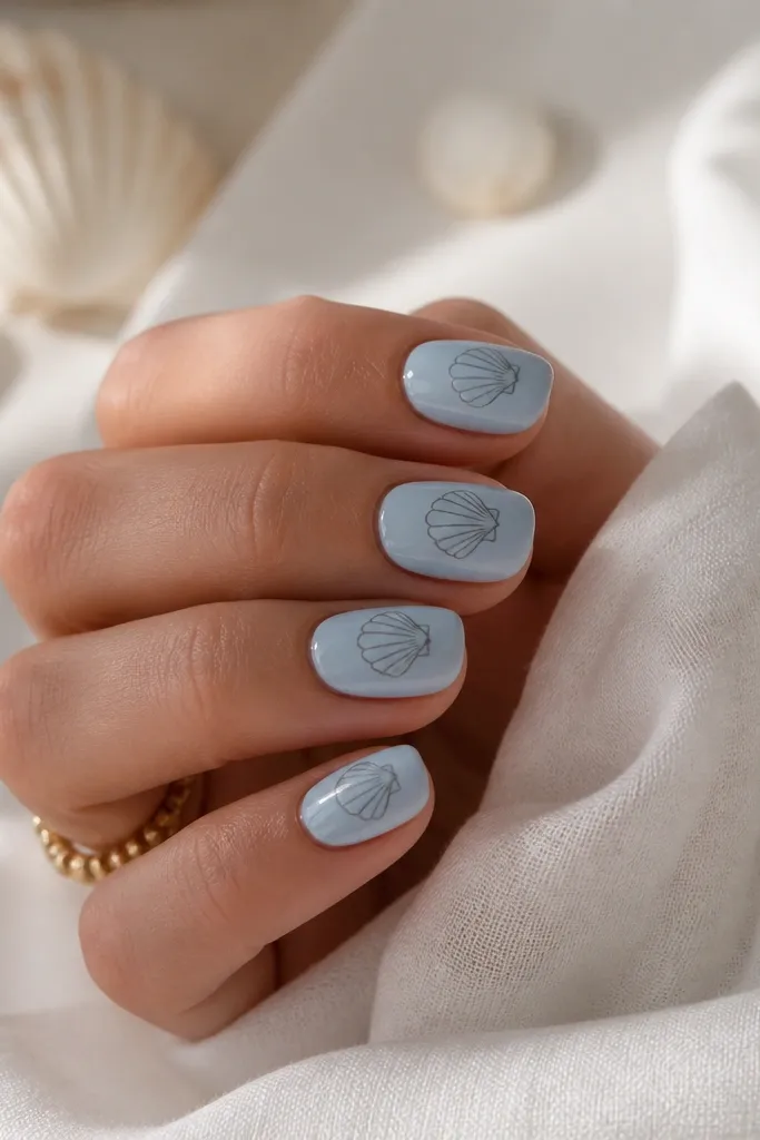 Powder blue nails with a soft gray shell outline centered. The ridges are gray, and the shell has a tiny white highlight line, glossy finish.
