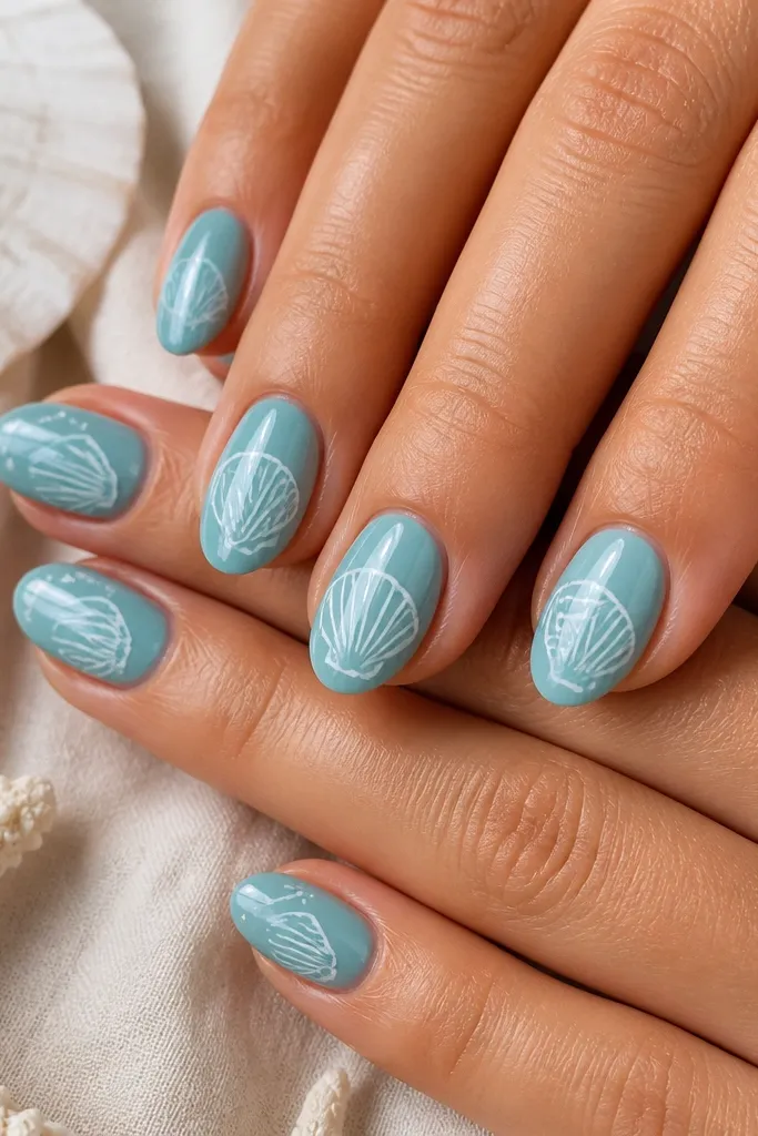Short almond nails in seafoam blue. Shell designs look stamped in white, and there are extra hand-drawn highlight lines in pale blue near the ridges. Glossy finish.