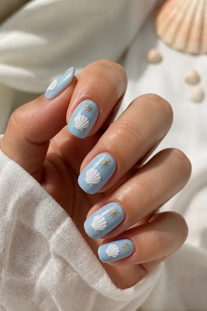 Medium squoval nails in light blue. Each nail has a white shell centered, and a tiny gold starburst sun ray sits just off the shell near the tip. Glossy finish.