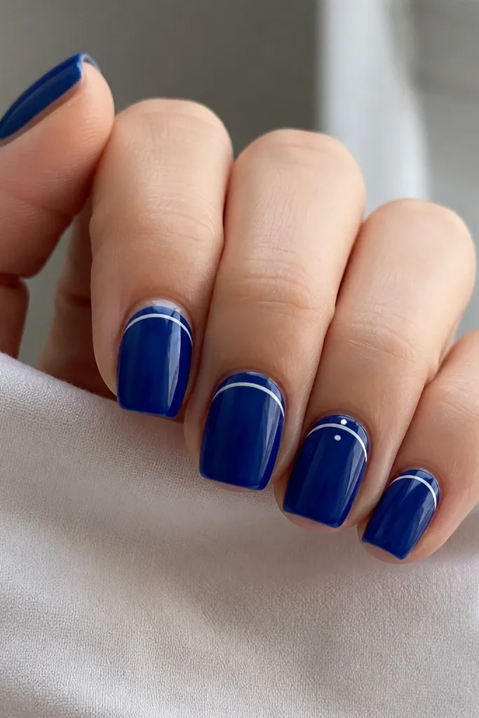 Four cobalt blue square nails with a glossy finish. Each nail has a thin white line just under the cuticle, following the curve of the nail bed. The ring finger also has a tiny white dot at the center of that line.