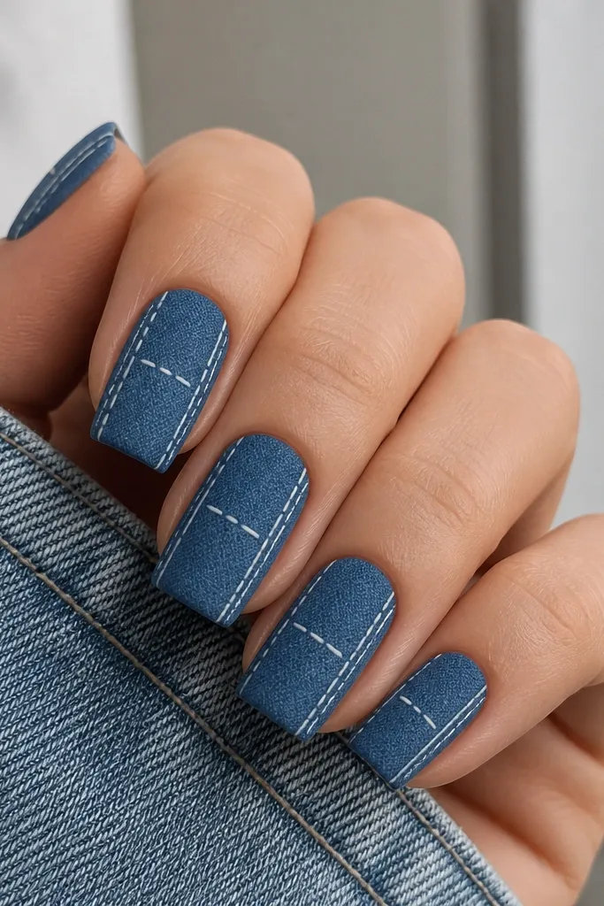 Square nails painted denim blue with a matte finish. Each nail has thin white stitch lines along the sides and a tiny straight stitch across the center. The look resembles denim seams.