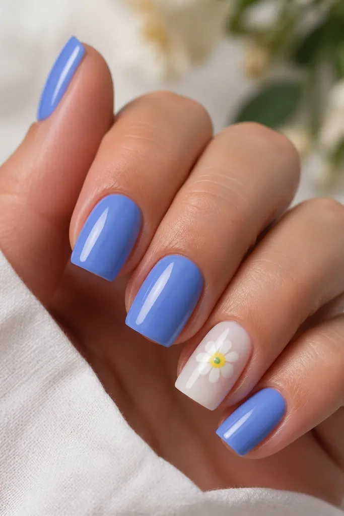 Most nails are cornflower blue glossy square nails. The ring finger is milky white with a small simple daisy: five white petals, a yellow center, and a tiny green dot. Other nails have no art.