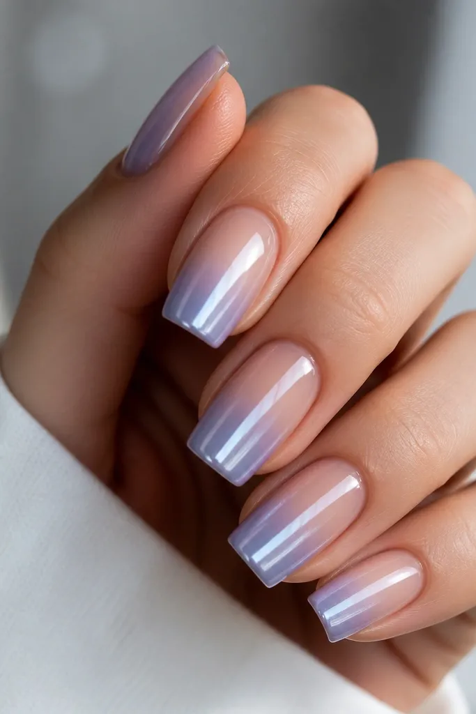 Square nails with a sheer nude base fading into periwinkle chrome powder toward the tips. The chrome looks like a soft mirror with a smooth gradient. Finish is ultra glossy with light reflections.
