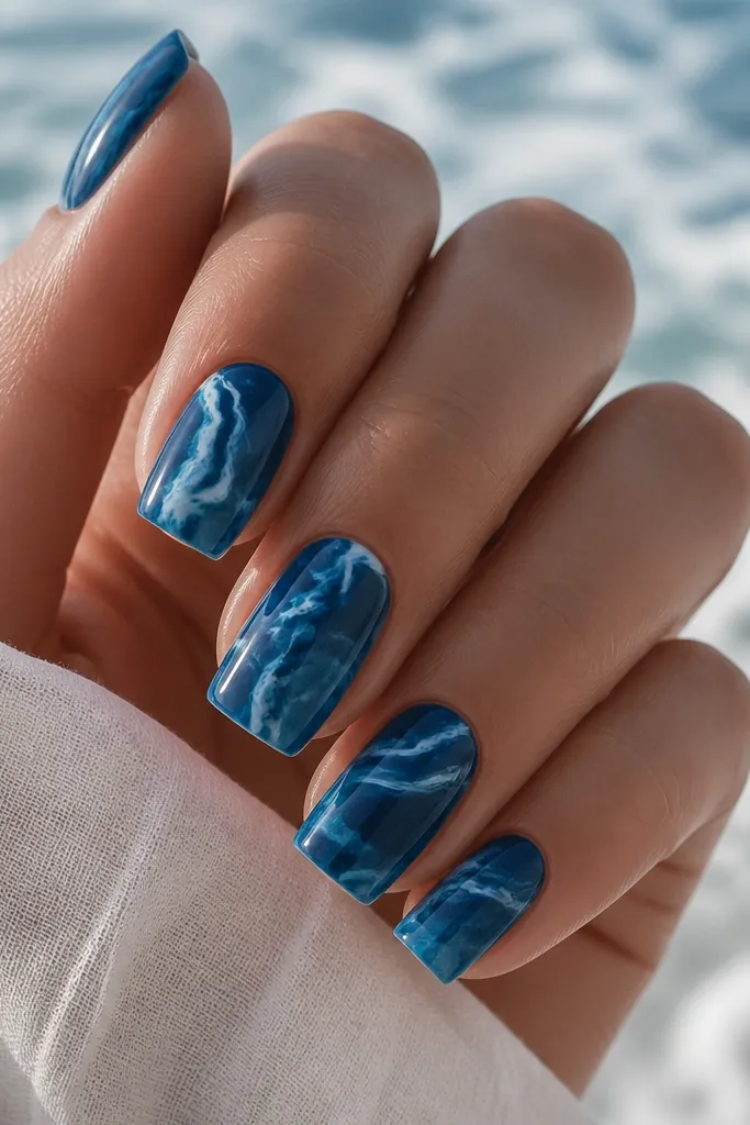 Square nails with ocean blue marble swirls. The base is deep ocean blue and the veins are milky white and light aqua. Veins are thin and organic. Finish is glossy.