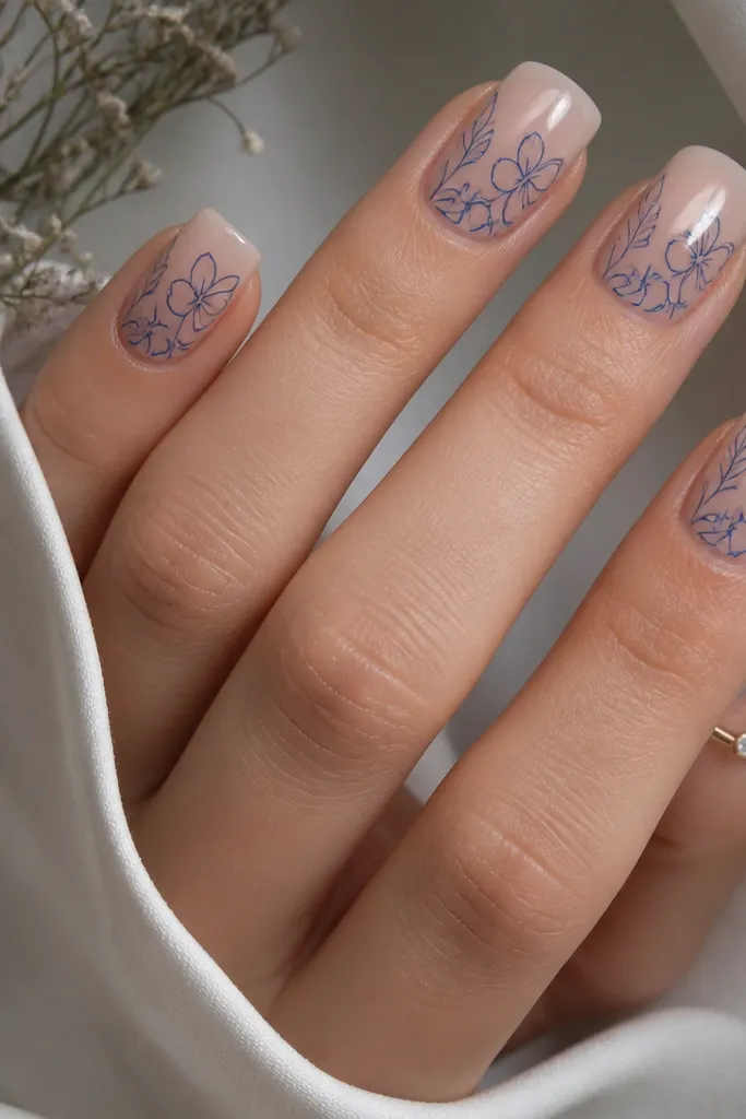 Square nails with a clear nude base. Thin blue line art flowers and leaves spread from the center toward the tip. Lines are crisp and minimal, with a glossy finish.