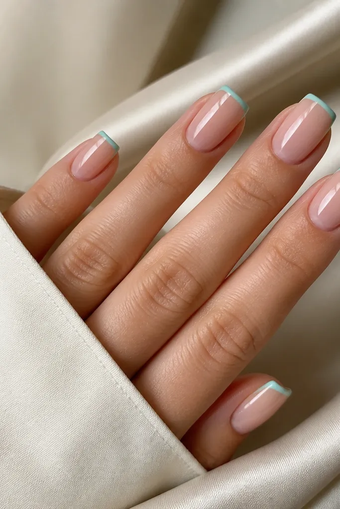 Square nails with a nude sheer base. Turquoise is painted only on the very tips in a thin line like a micro French manicure. The lines are straight and glossy.