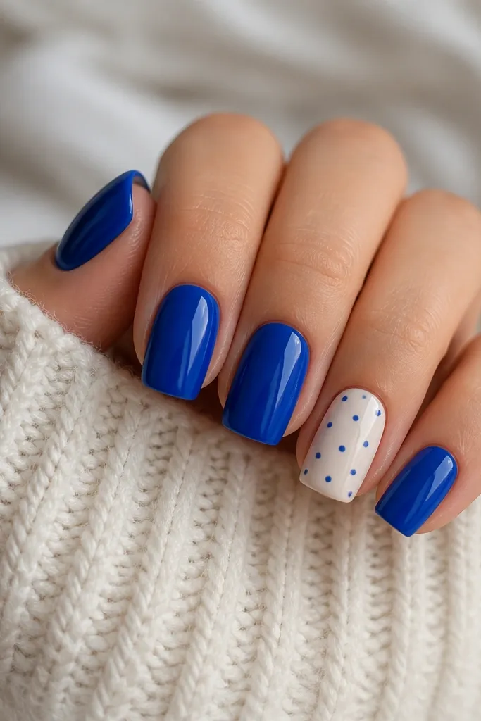 Square nails mostly painted glossy royal blue. The ring finger has a milky white base with evenly spaced tiny royal blue polka dots. Other nails are solid blue.