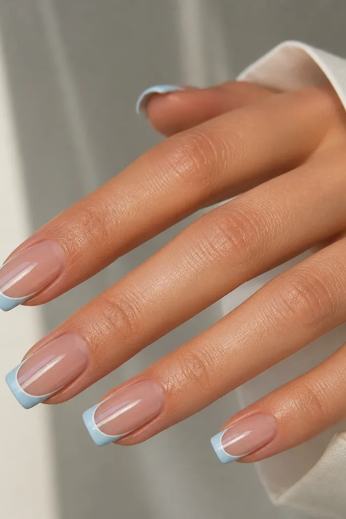 Square nails with nude base. The tip is painted iced blue in a French shape. A razor-thin white border sits between nude and iced blue, creating a crisp outline. Glossy finish.