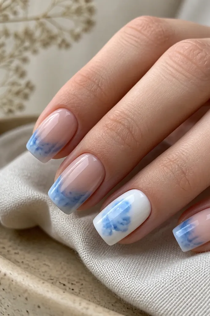 Square nails with a soft watercolor wash of blue across a nude base. The ring finger has a milky white base with blue watercolor splashes and a few tiny white splatters. Finish is glossy.