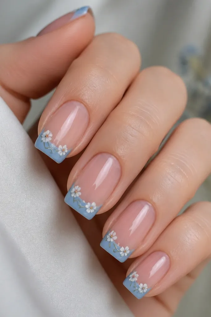 Square nails with a nude base. The tips are painted in blue as a French. On top of the blue tip, there are tiny white flowers and thin greenish-blue vine lines. Glossy finish.