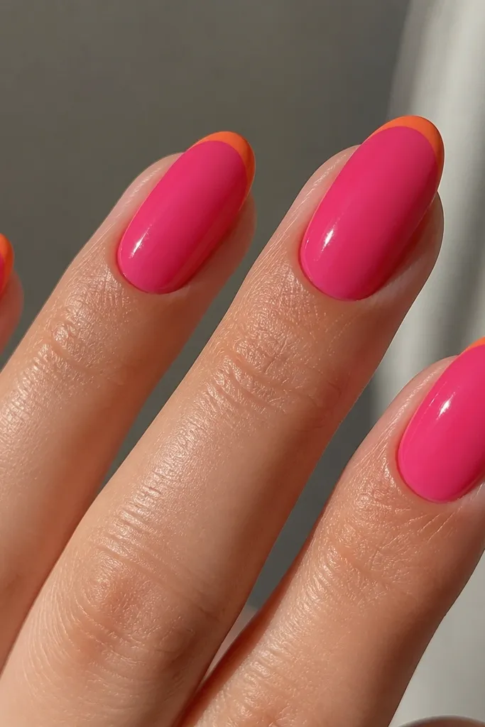 Close-up of medium almond nails with a glossy hot pink base. The tips have thin tangerine orange French lines, each line slightly curved and spaced evenly. No other nail art besides the micro tips.