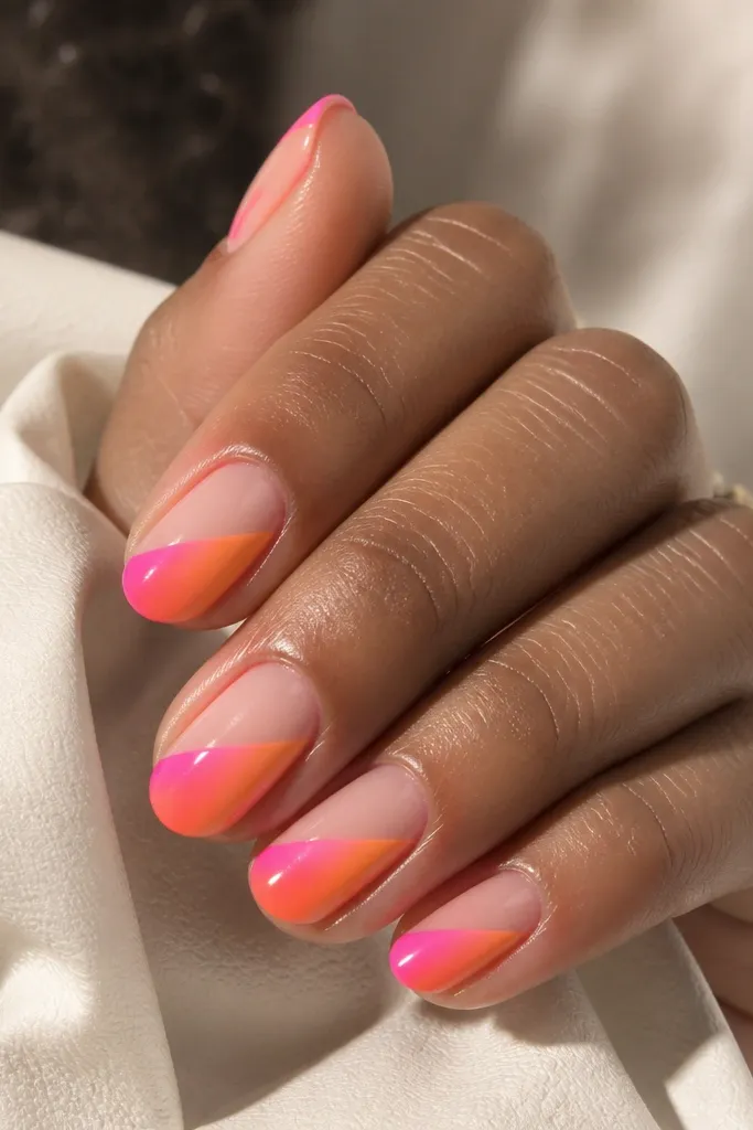 Glossy nails with a diagonal split. One corner has bright pink fading into tangerine orange, but a clear triangular negative space sits in the center, leaving bare nail visible.