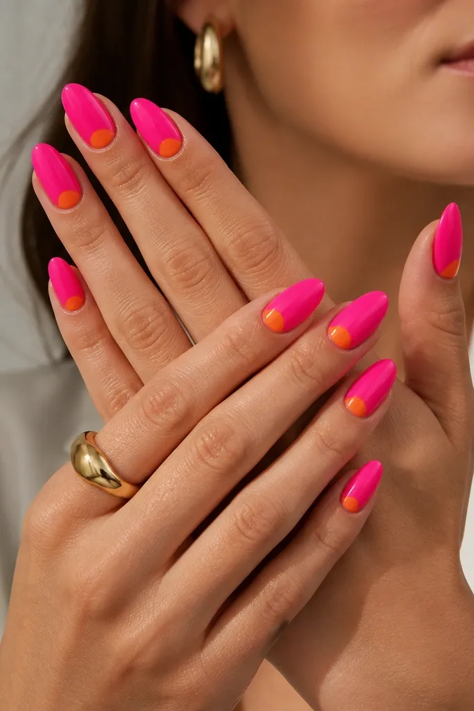 Almond nails with hot pink full coverage. At the cuticle, each nail has a clean half-moon in tangerine orange, shaped like a shallow U and separated from the pink by a crisp line.