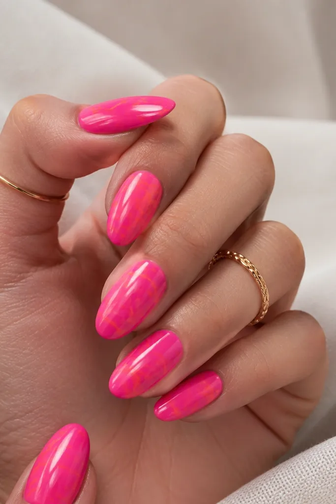 Glossy hot pink nails with thin orange marble veins that branch like natural stone. The veins are semi-transparent, and the background stays solid pink.