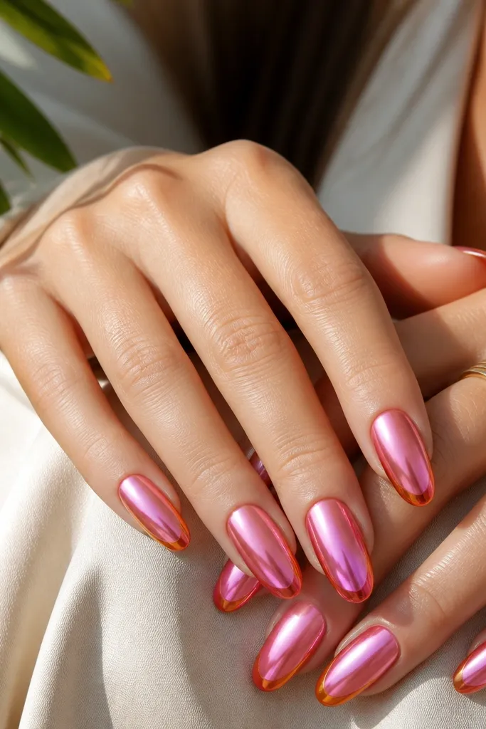 Nails finished in bright pink chrome powder, mirror-like. Along one side of each nail near the tip, a thin curved edge of orange foil is visible like a metallic trim.
