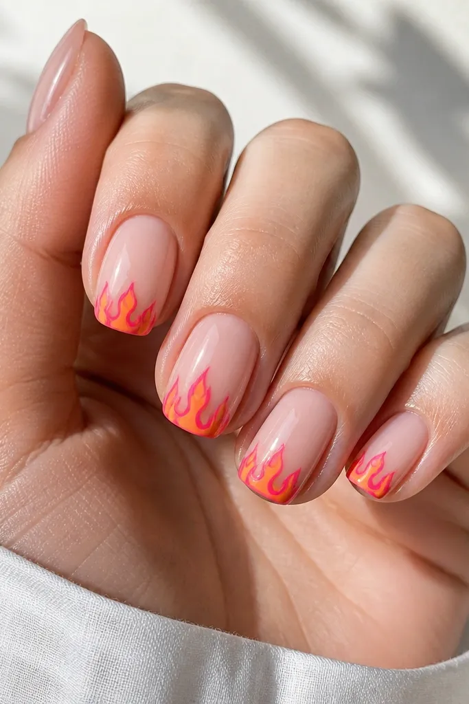 Short squoval nails on a sheer nude base. The tips have flame shapes in orange and bright pink, layered so orange sits behind pink flames at the edges.