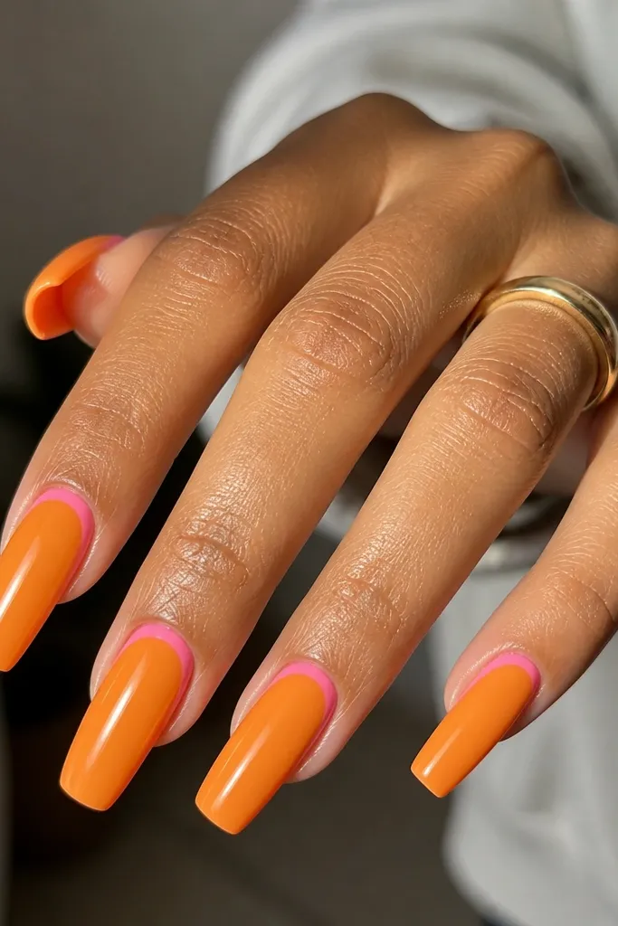 Coffin nails with solid glossy tangerine orange. At the cuticle, there is a bright pink reverse French arc, thin and clean, like a smile line flipped upward.