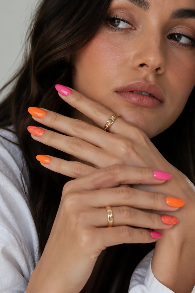 Some nails are solid bright pink and others are solid tangerine orange. Two accent nails on each hand have a small checkerboard grid alternating pink and orange squares.
