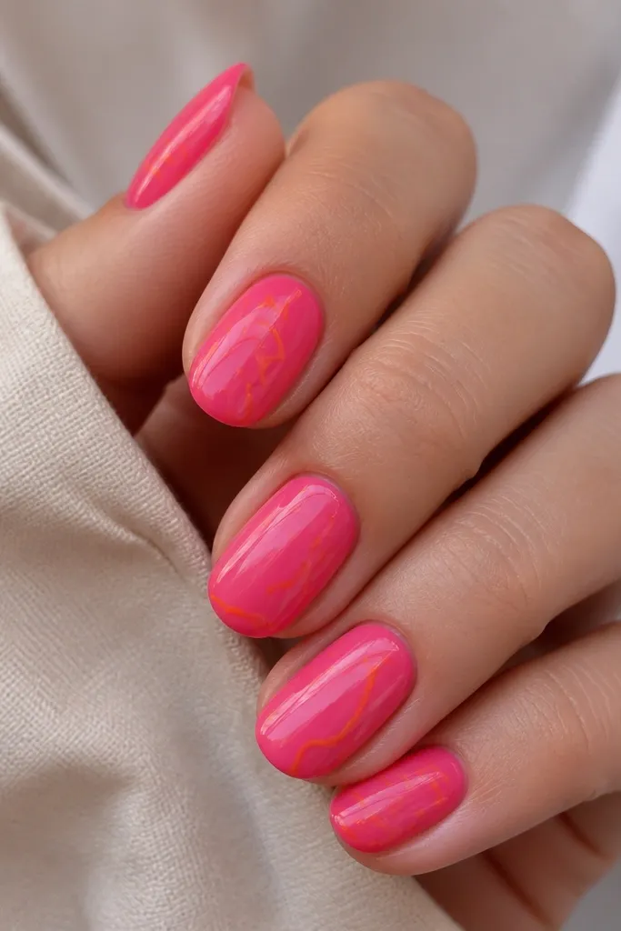 Nails are glossy jelly bright pink. Over top, there are thin orange line drawings like curved strokes and small zigzags, spaced with breathing room.