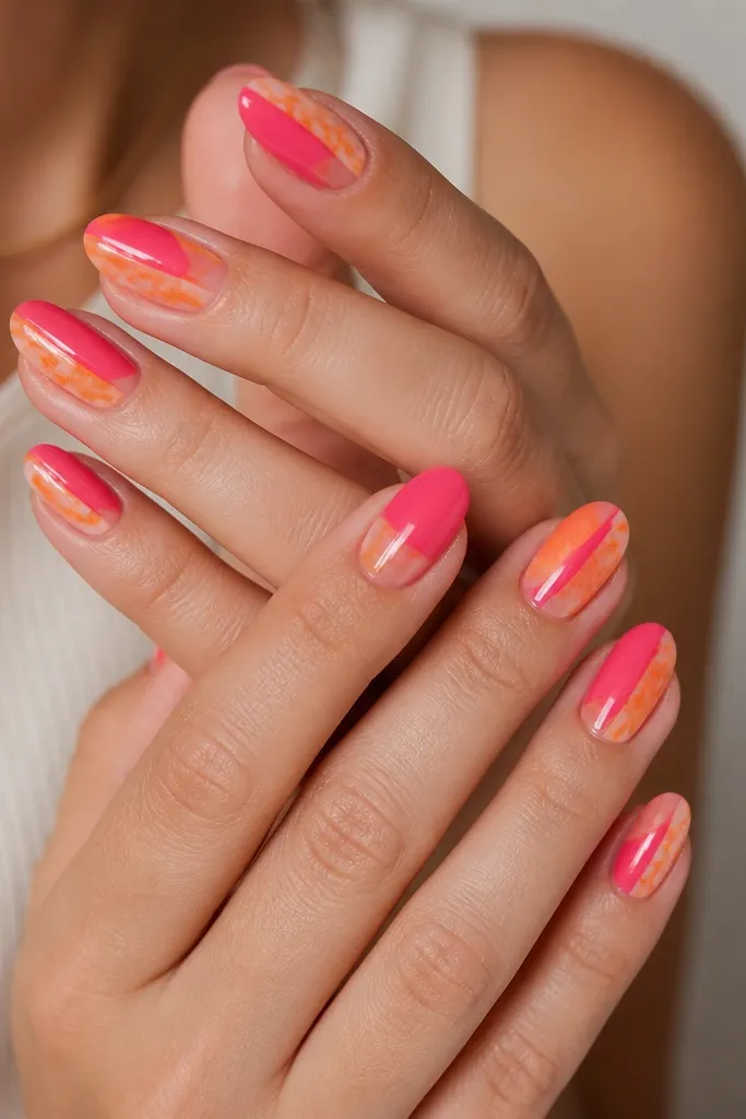 Each nail is split vertically. One half is solid bright pink glossy, the other half has orange marble streaks on a clear or sheer base, with a smooth glossy finish.