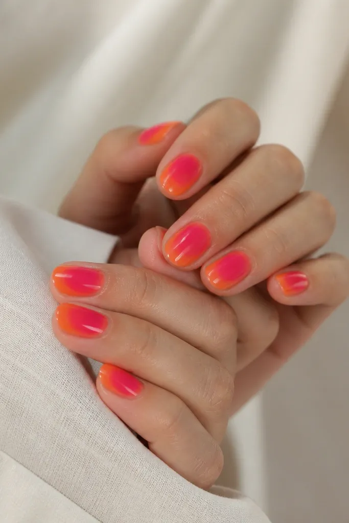 Nails have a hot pink oval centered on the nail. Around it, tangerine orange fades outward like an aura halo, with glossy clear edges toward the sides.