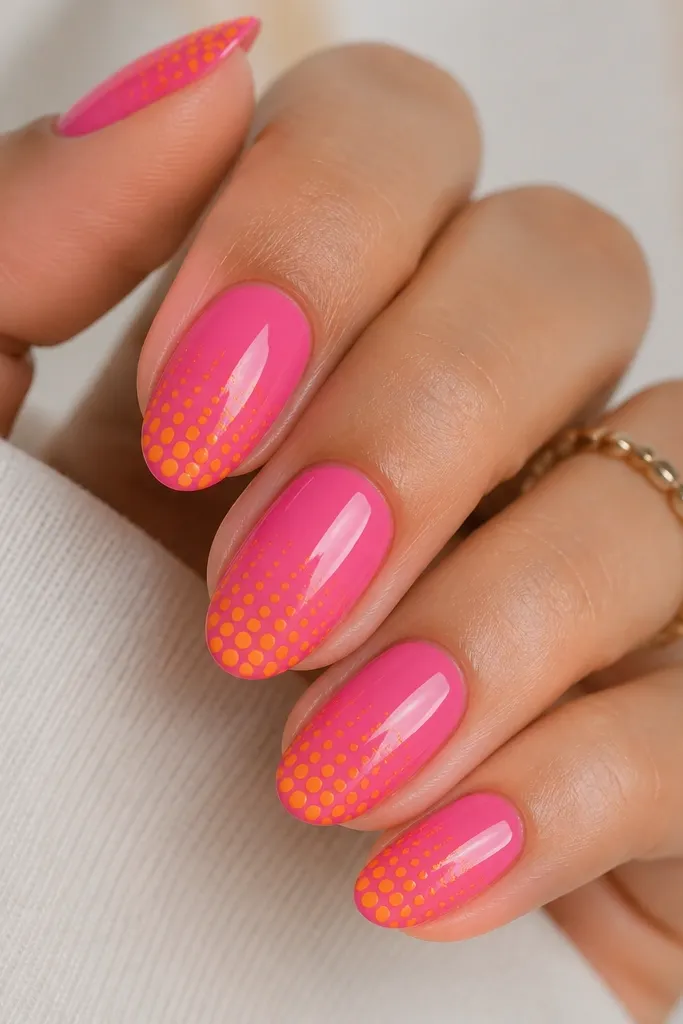 Glossy nails with a bright pink base. The tips fade into a pattern of orange dots that get smaller toward the tip edge, like a gradient made of circles.