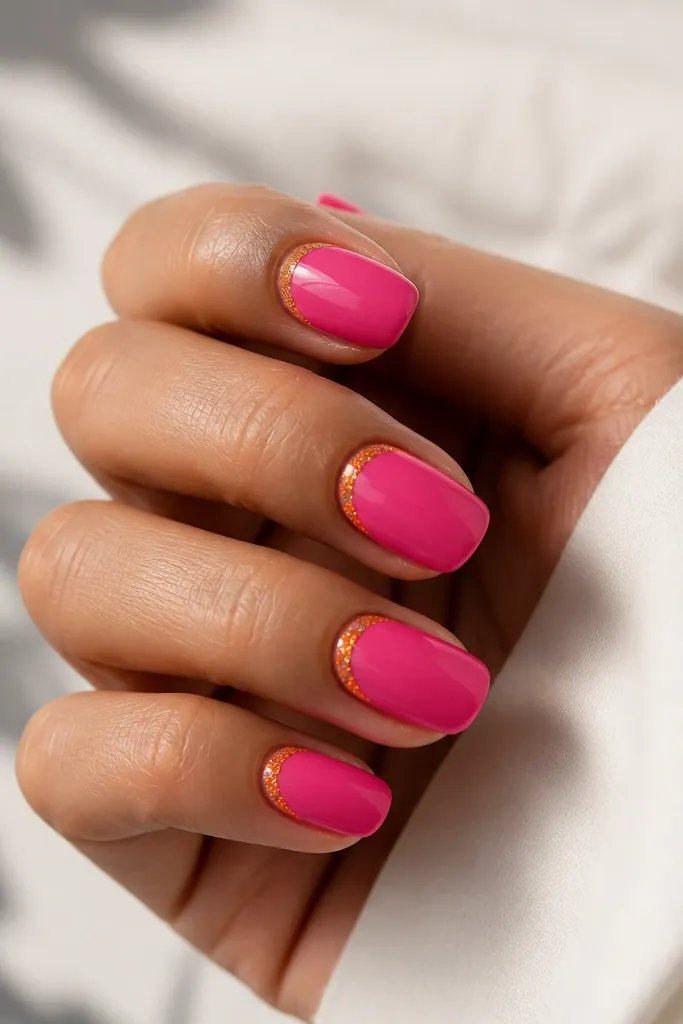 Nails are solid bright pink. At the cuticle, there's a tight orange glitter arc that sits right above the skin line. The rest of the nail stays clean, high-gloss, no extra glitter.