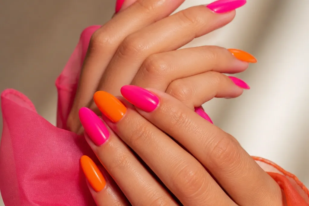 Bold glam Bright Pink And Orange Nails for a statement