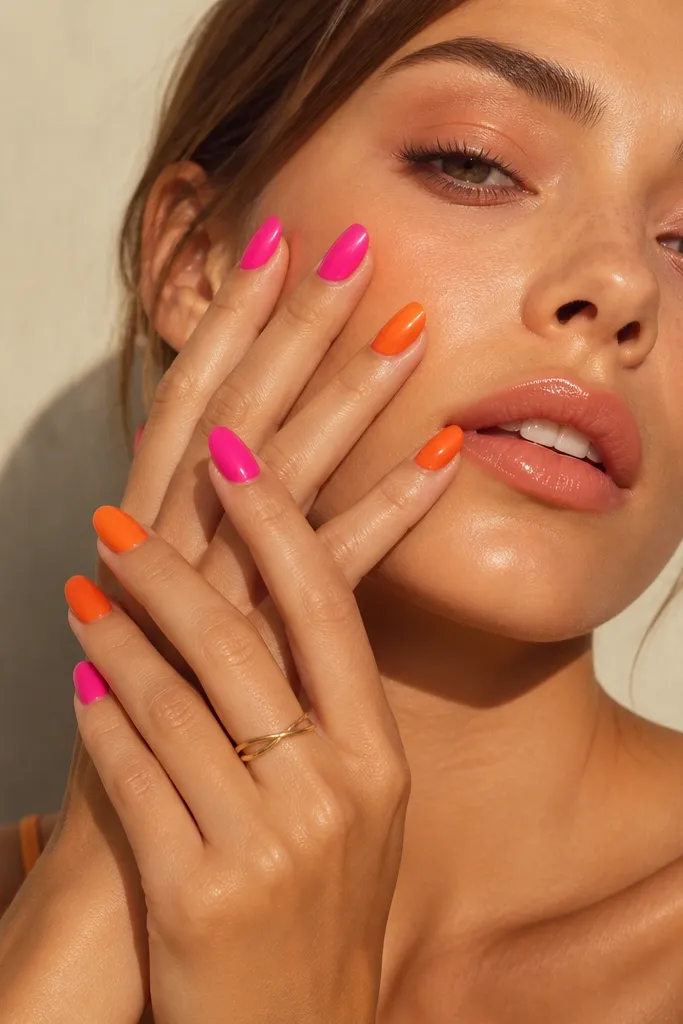 Bold glam Bright Pink And Orange Nails for a statement