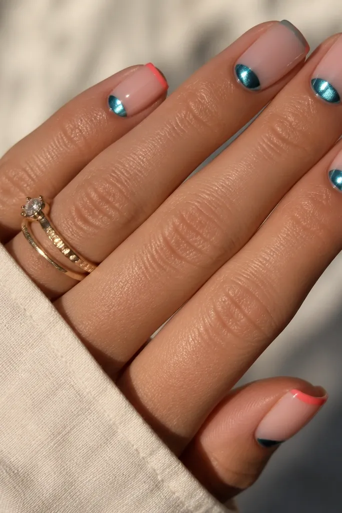 Square nails featuring a chrome electric aqua half-moon at the cuticle. The rest of the nail is sheer nude. A tiny coral micro-French line hugs the tip edge, crisp and thin.