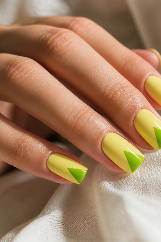 Square nails with a solid lemonade yellow base. Each nail has a sharp lime green triangle at the tip pointing inward from the center, like a geometric pop-art accent.