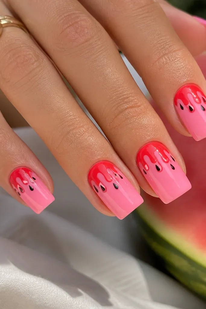 Square nails with a glossy pink base. A darker watermelon-red drip effect descends from the top third toward the center. Tiny black dots sit like seeds, grouped near the drip lines.