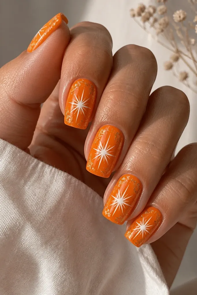 Square nails with a tangerine orange base. White starburst rays sit near the center of each nail. A few tiny gold foil flecks scatter around the starburst edges.