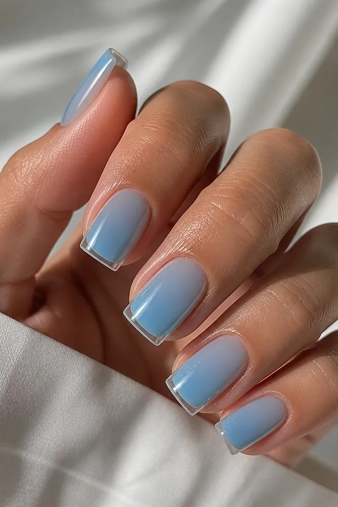 Square nails with a translucent sky-blue jelly look. The very edge of each tip has a thin clear chrome border, like a reflective frame.