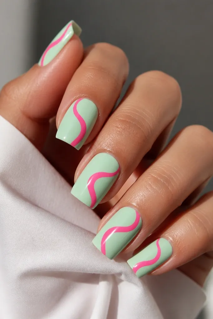 Square nails with a mint green base. Hot pink swirl lines trace curves across the nail, forming a loose S-shape on each finger. Glossy finish.