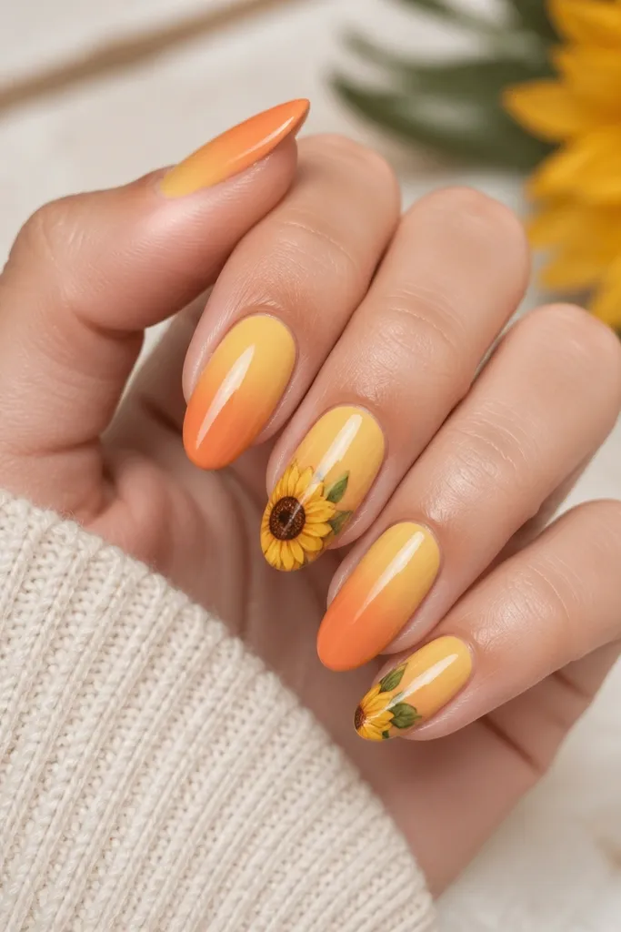 Most nails show a fade from warm yellow at the cuticle to orange at the tip. One or two accent nails have a sunflower illustration: yellow petals, a dark brown center, and tiny green leaves.